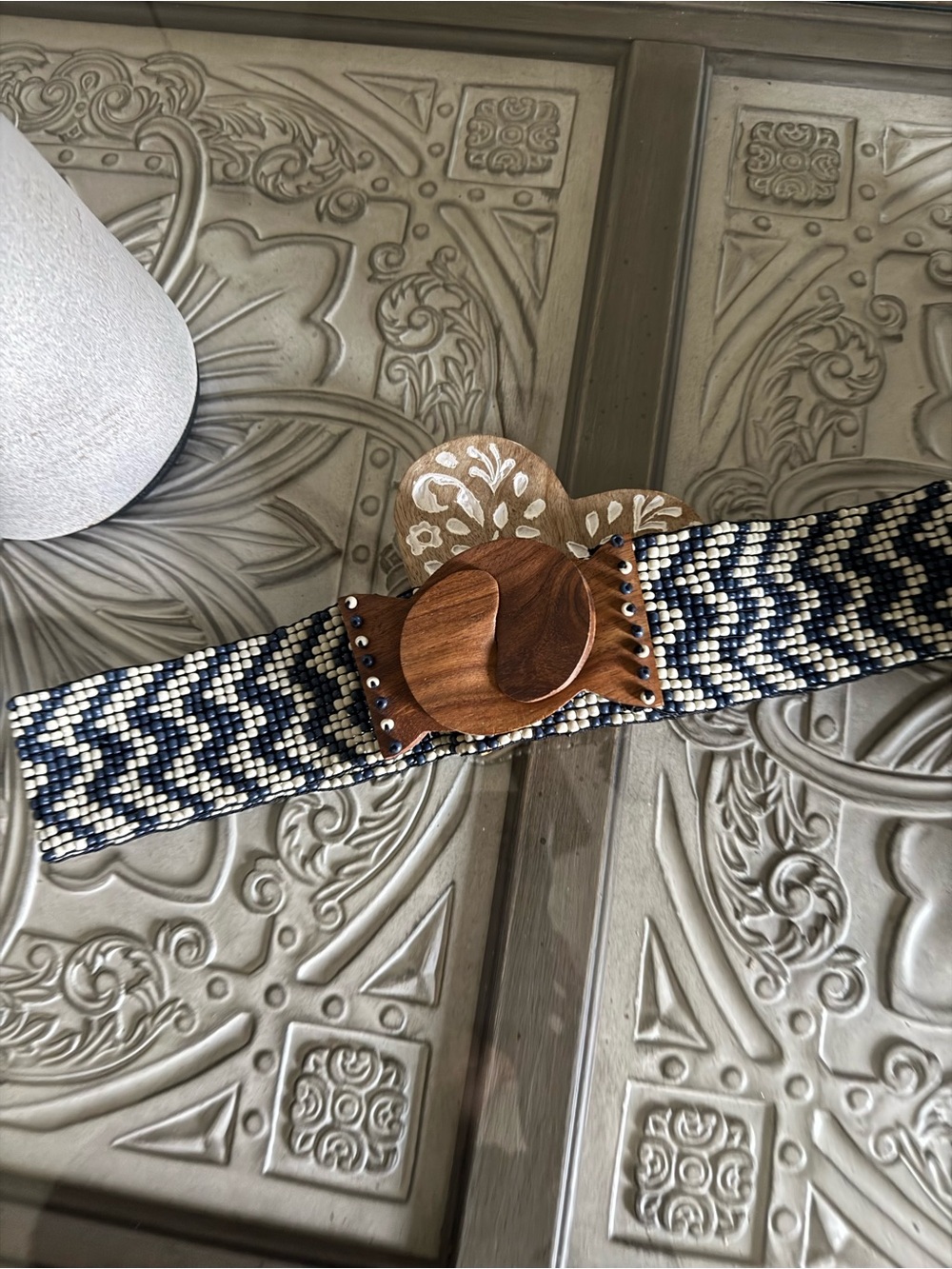 Braided Navy and Cream Stretch Belt with Carved Wooden Buckle